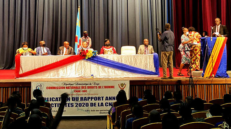Le CNDH sort diagnostic sur les droits de l’homme en République démocratique du Congo. Les dirigeants du CNDH lors de la présentation à Kinshasa. 19 octobre 2021.